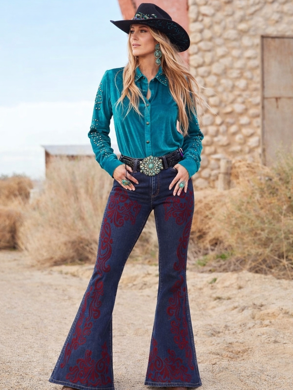 Roja Mary Concho Studded Teal Green Velvet Button Down Top Medium